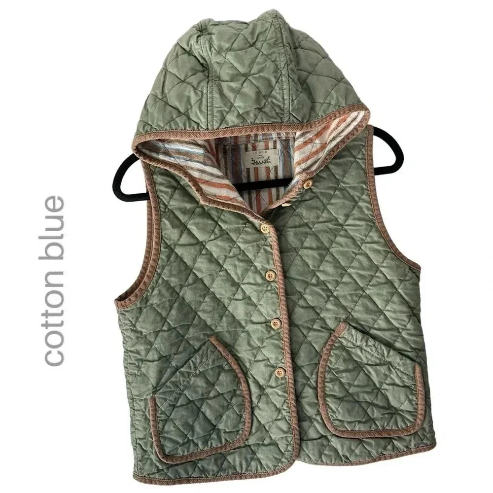 QUILTED COTTON BUTTON FRONT HOODED VEST LIKE NEW | SIZE: SMALL